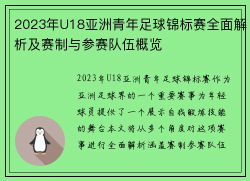 2023年U18亚洲青年足球锦标赛全面解析及赛制与参赛队伍概览